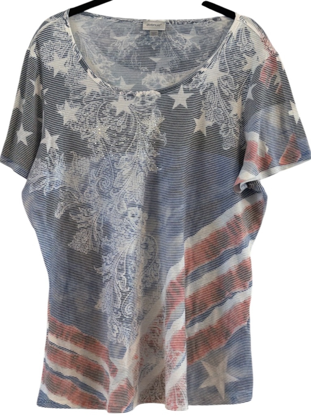 Avenue Pariotic American Flag Star & Stripes Rhinestone Top Size 14/16